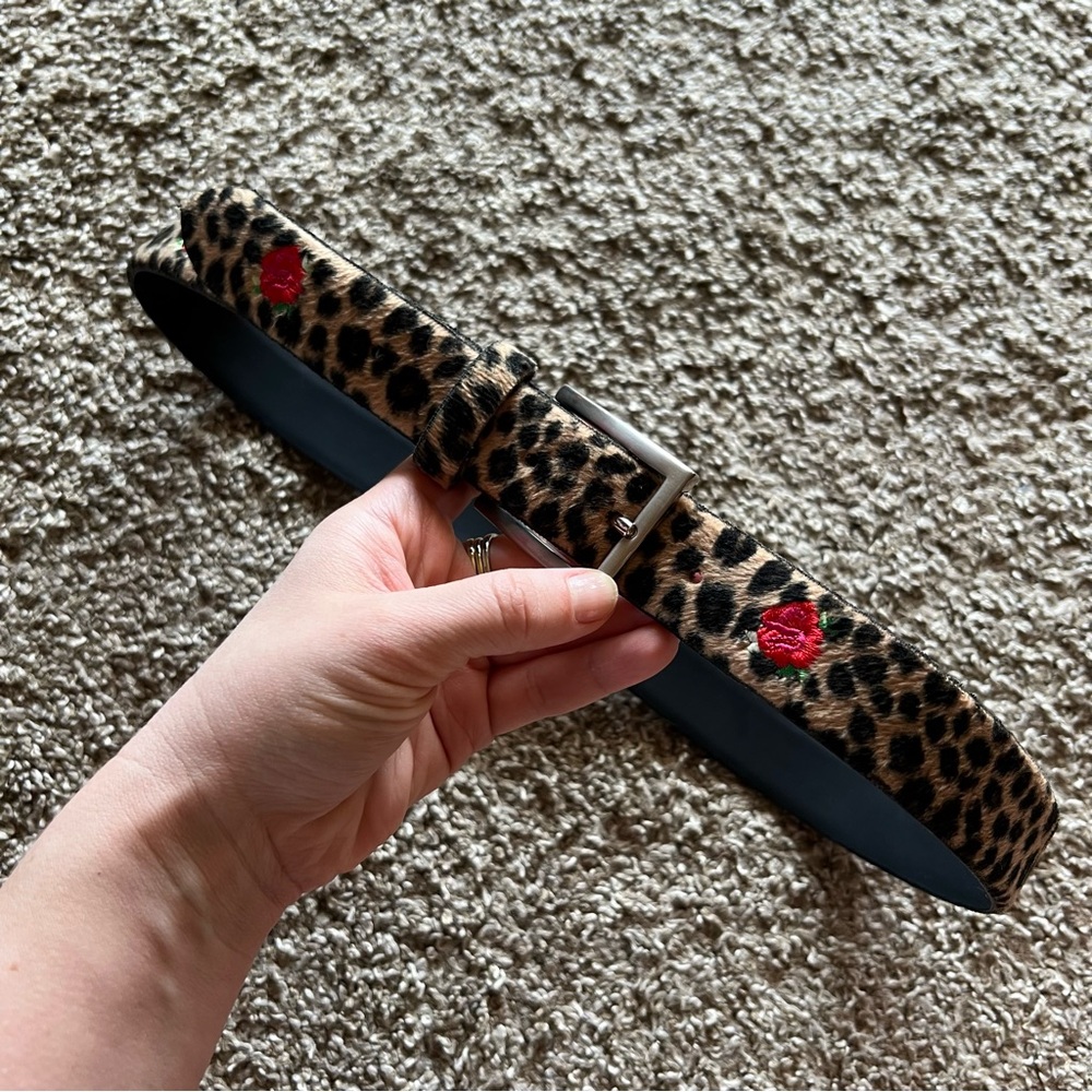 Leopard Print Belt with Red Rose Embroidery - Women Accessories